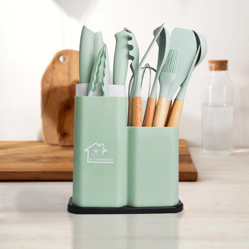 Kit Utensílios Cozinha Diversos Silicone Facas Colheres Espátulas Tábua De Cortar 19 peças Coloridas