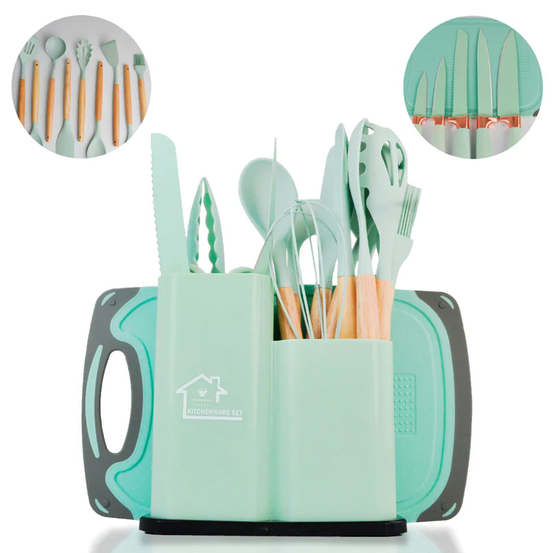 Kit Utensílios Cozinha Diversos Silicone Facas Colheres Espátulas Tábua De Cortar 19 peças Coloridas