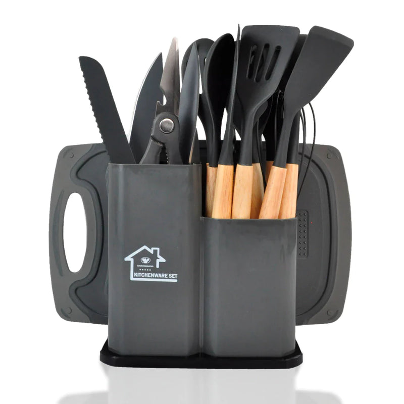 Kit Utensílios Cozinha Diversos Silicone Facas Colheres Espátulas Tábua De Cortar 19 peças Coloridas