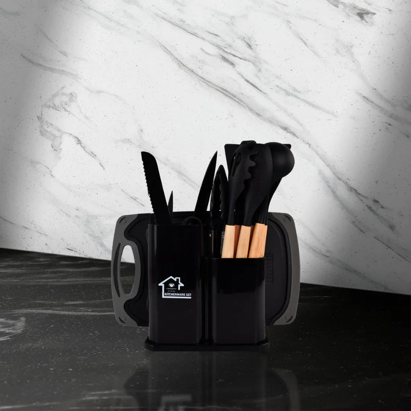 Kit Utensílios Cozinha Diversos Silicone Facas Colheres Espátulas Tábua De Cortar 19 peças Coloridas