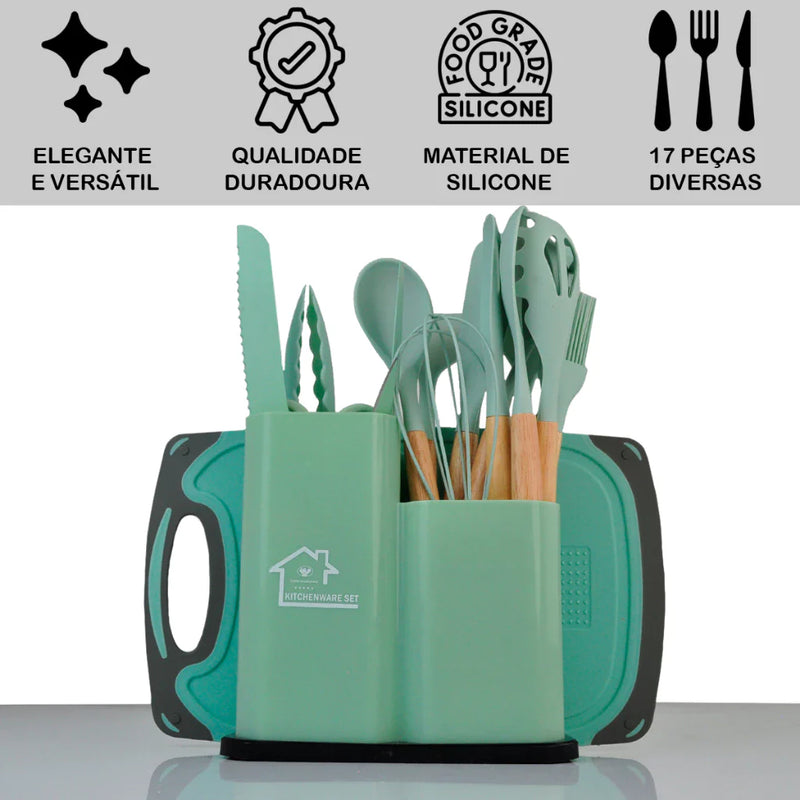 Kit Utensílios Cozinha Diversos Silicone Facas Colheres Espátulas Tábua De Cortar 19 peças Coloridas