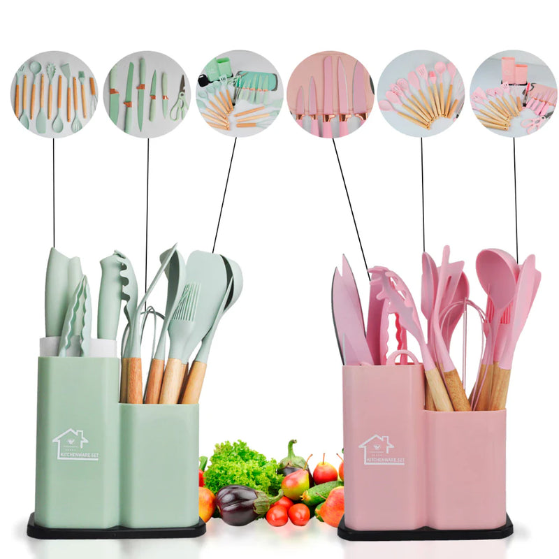 Kit Utensílios Cozinha Diversos Silicone Facas Colheres Espátulas Tábua De Cortar 19 peças Coloridas